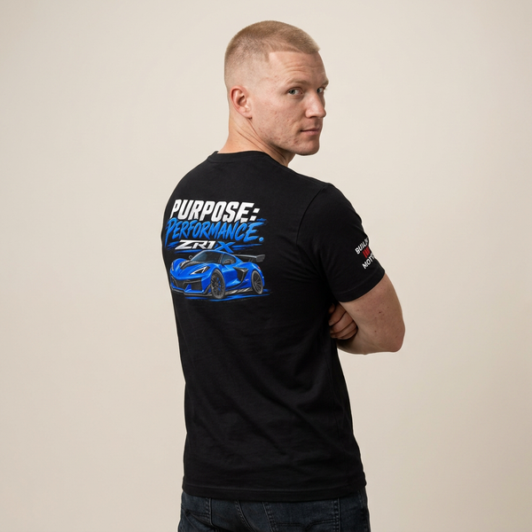 Zr1 Performance Sports Tee — "Purpose: Performance" Blue Supercar Graphic